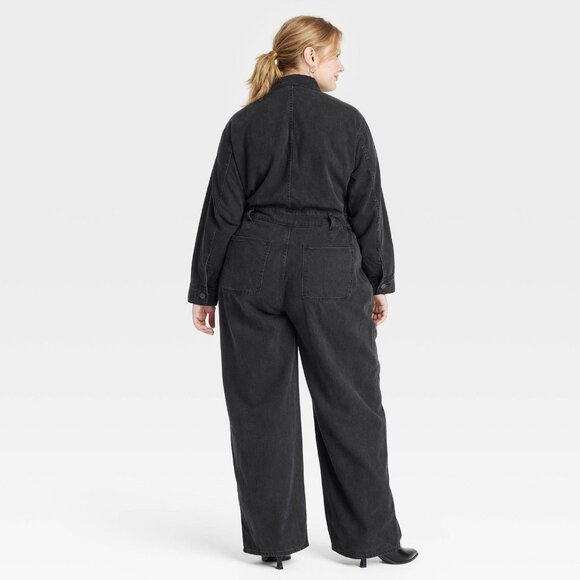 NEW Universal Thread Womens Long Sleeve Utility Baggy Denim Jumpsuit Black 17 - Picture 2 of 7